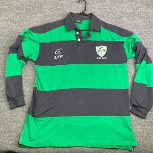 VTG Live For Rugby Ireland Mens Large Green Navy Striped Long Sleeve Rugby Shirt
